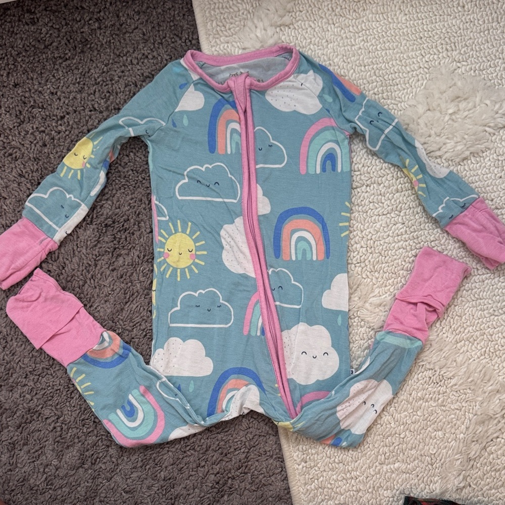 Little Sleepies Blue Rainbow & Cloud Zip Footless Pajamas with Pink Trim